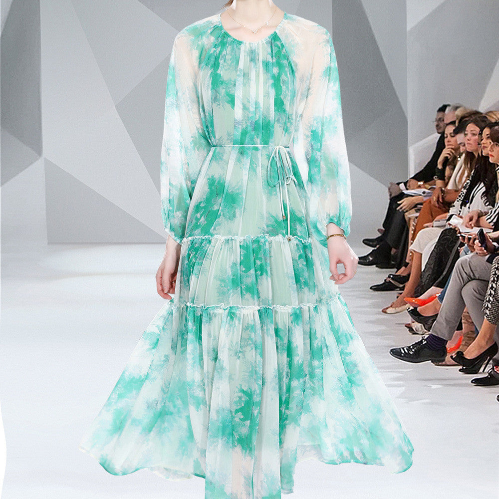 Long Sleeve Lacing Printed Chiffon Dress in Green & Yellow, Sizes M-2XL