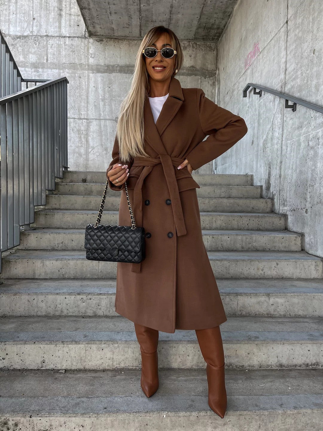 Double-Breasted Lapel Belted Long Sleeve Winter Jacket for Women