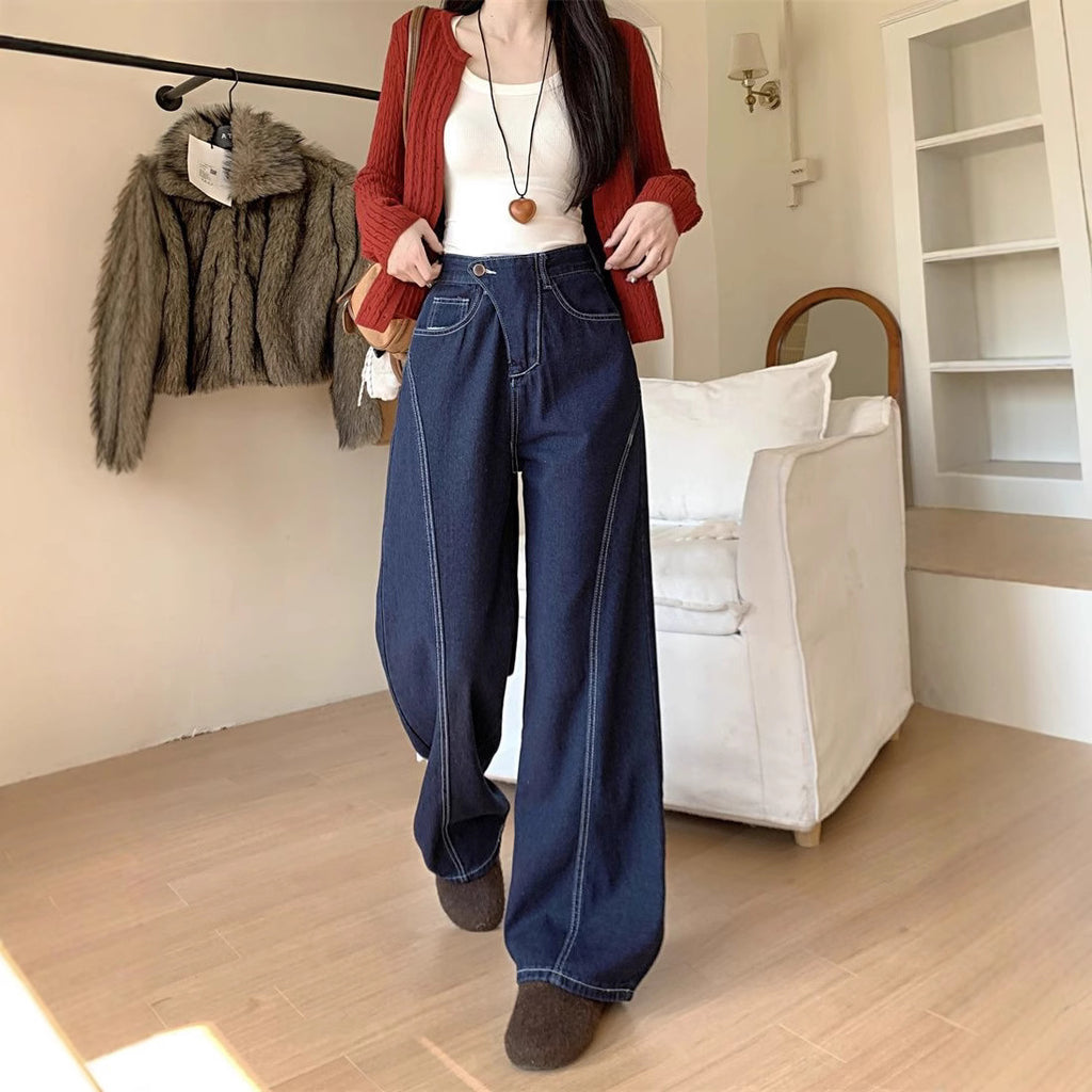 American Retro Dark Blue High Waist Wide Leg Jeans
