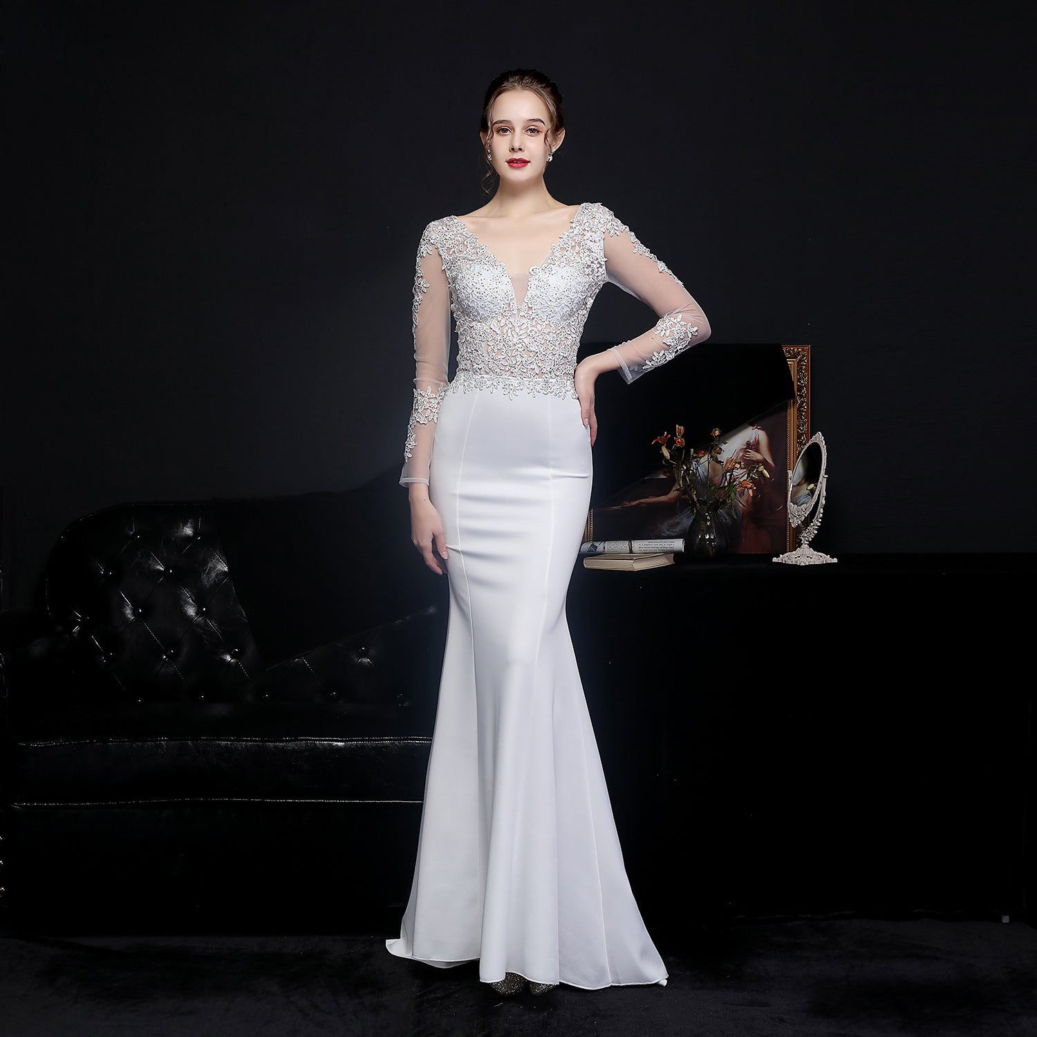 Women's High Waist Lace Diamond Toast Dress Long Sleeve