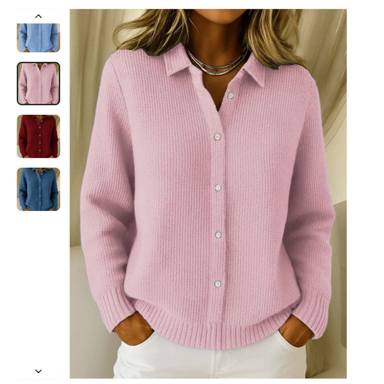 Pull décontracté tricoté à revers boutonné et manches longues pour femme