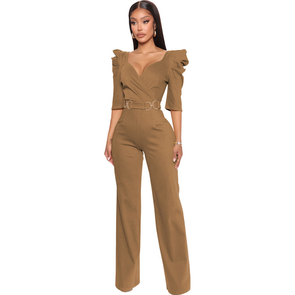 Long Sleeve V-Neck Wide Leg Sexy Jumpsuit