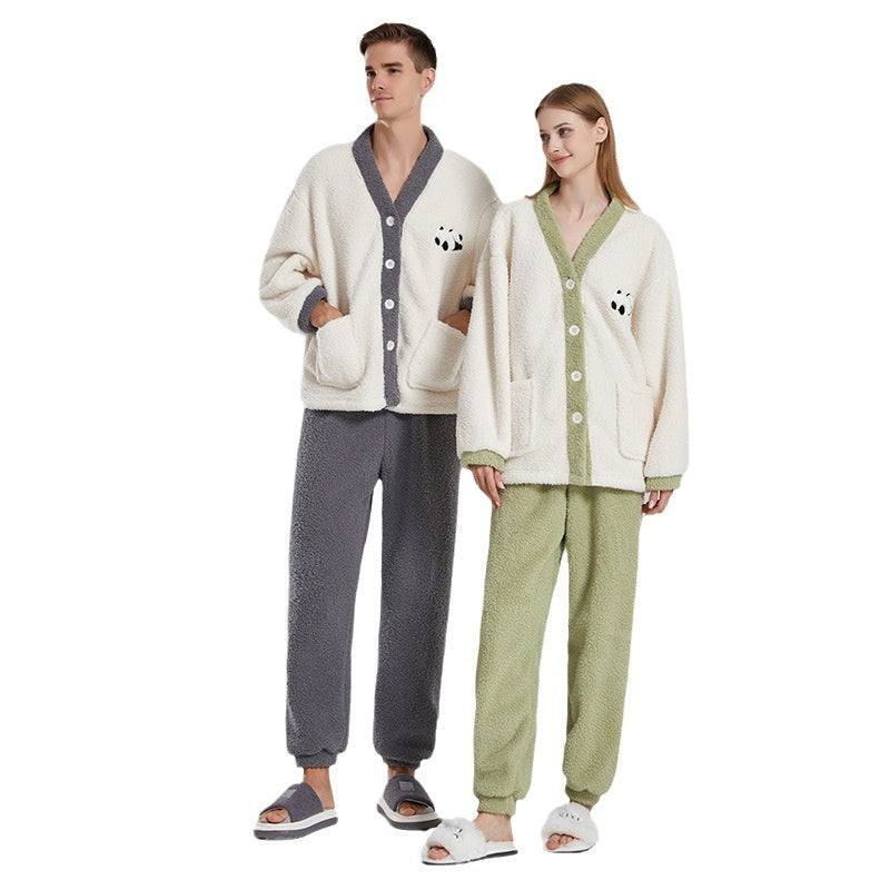 Winter Couple Pajamas Women Thickened Coral Fleece Half Velvet Cartoon Panda Suit