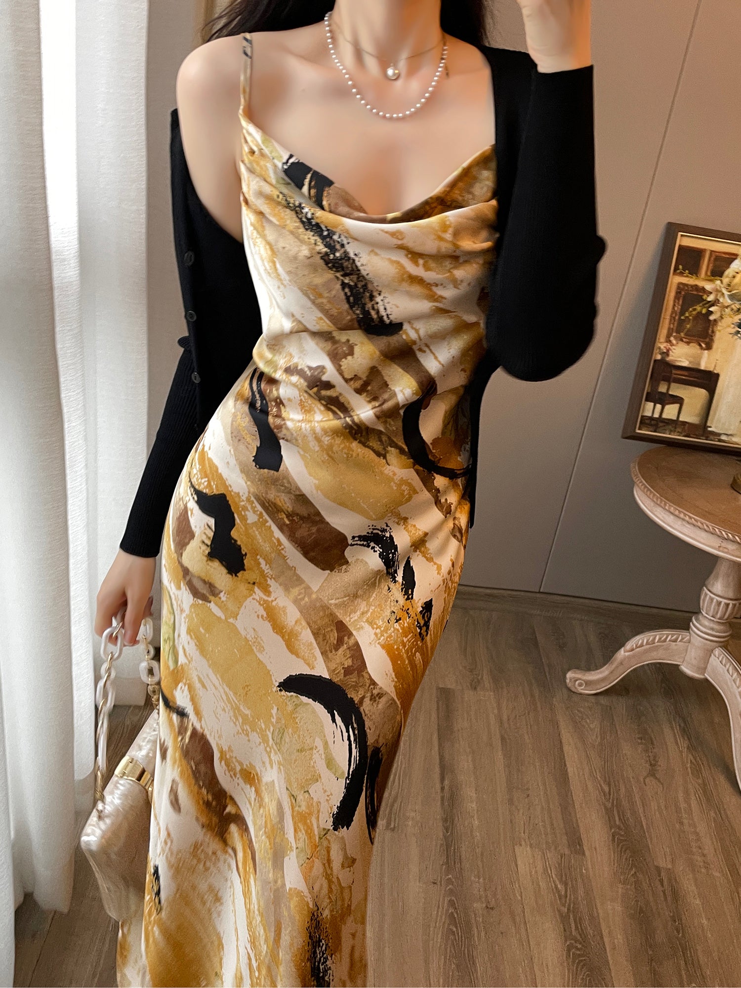 Women's Retro French Floral High-Waisted Suspender Dress