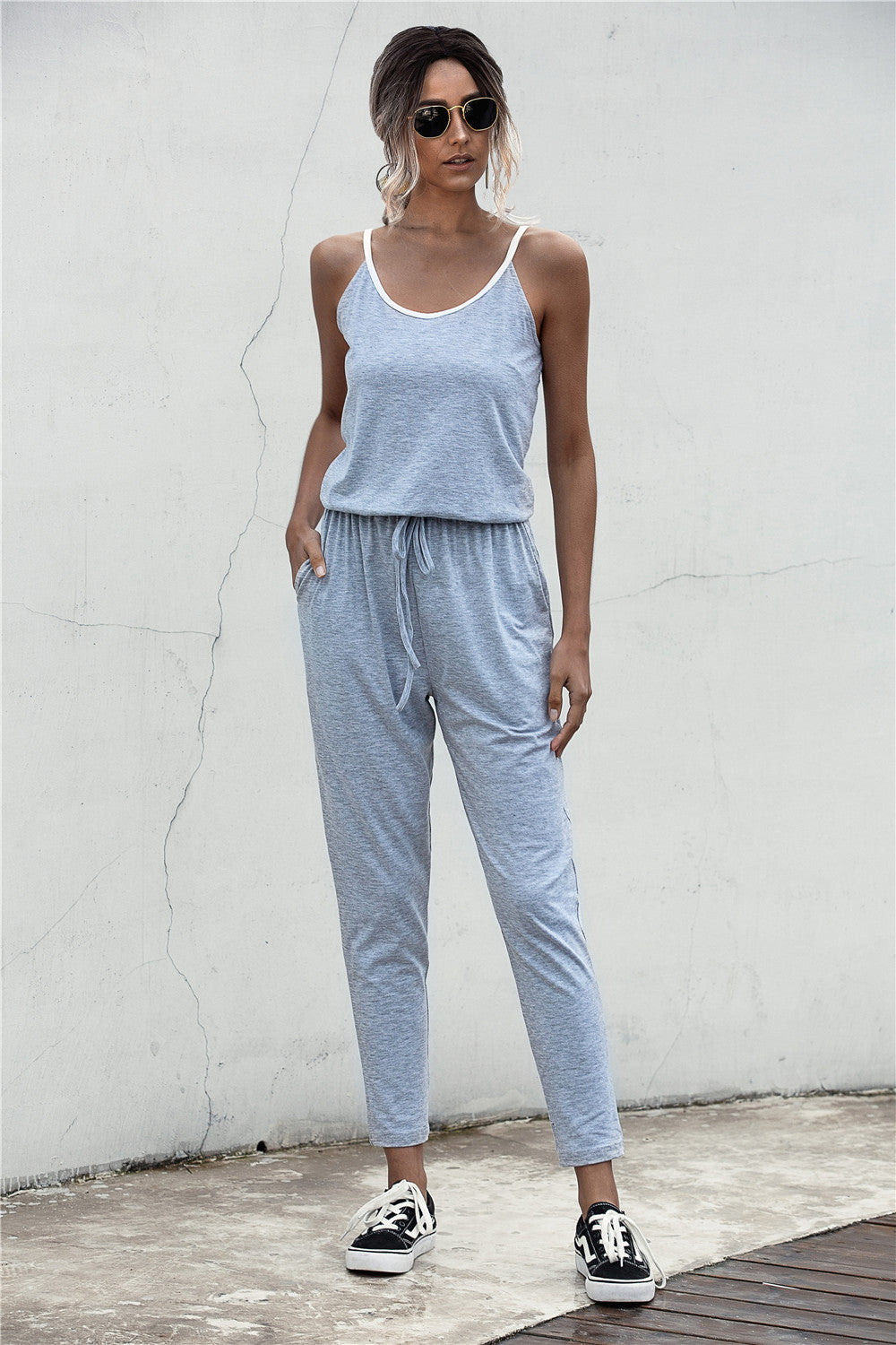 Summer Color Block Suspender Jumpsuit in Gray, Black & Army Green