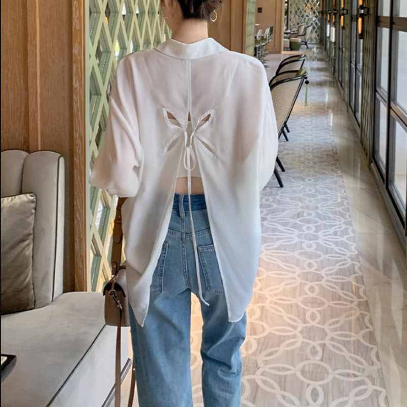 French Romantic White Lace-Up Openwork Blouse for Women