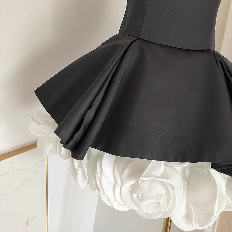 French Hepburn Style Black & White Contrast 3D Flower High Waist Slim Fit Pettiskirt