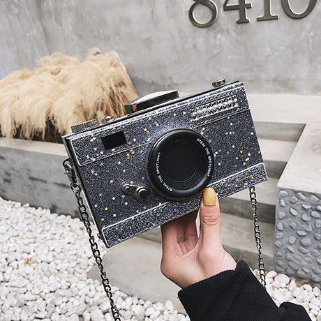 Sac appareil photo à sequins pour femme avec bandoulière chaîne