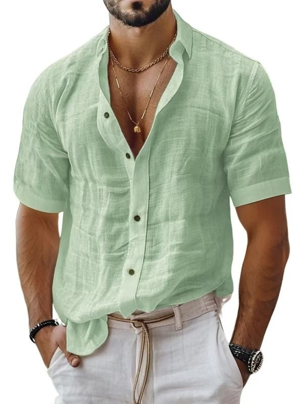 Men's Short Sleeve Cotton Linen Lapel Shirt