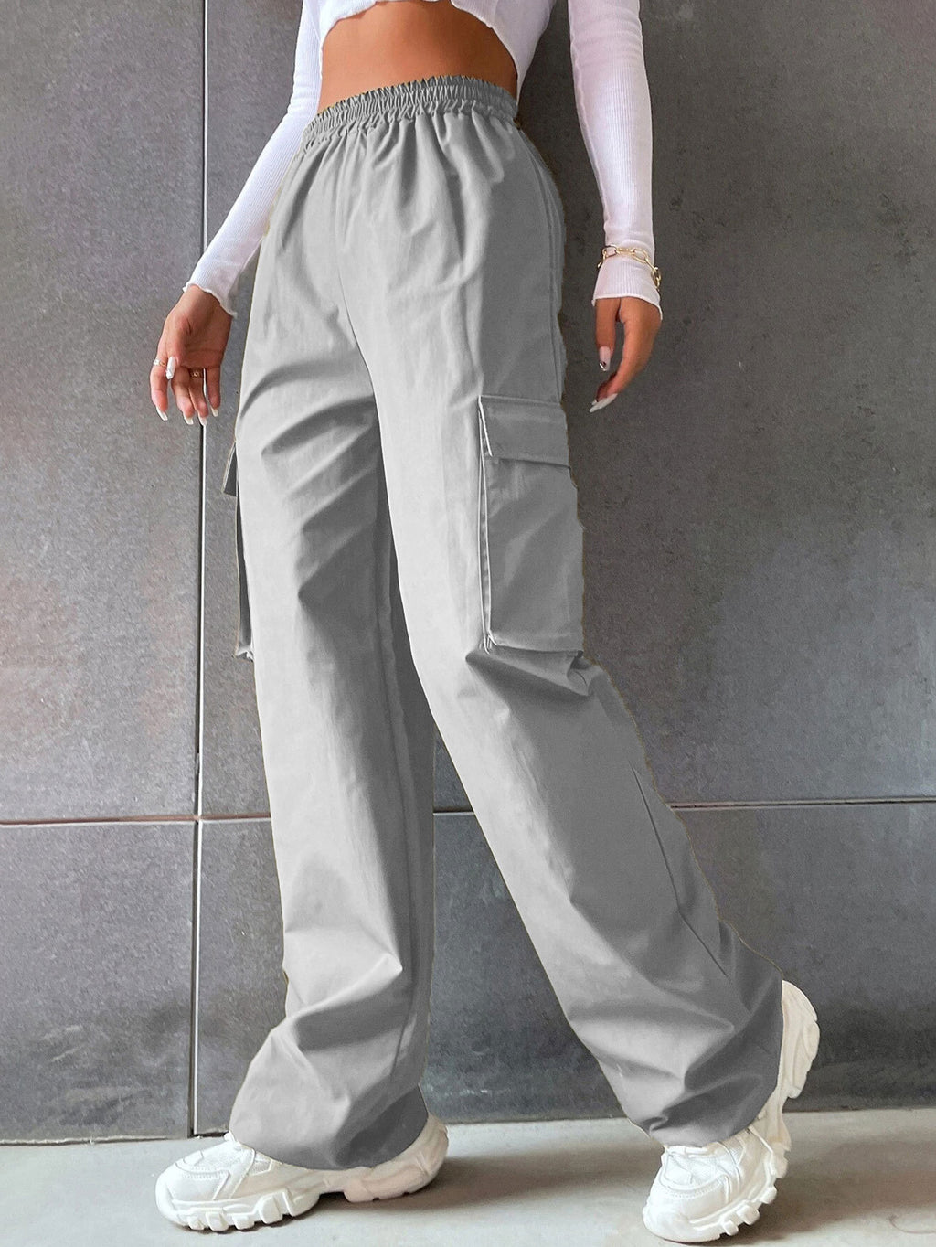 Pantalon de travail taille haute de couleur unie pour femme avec poches