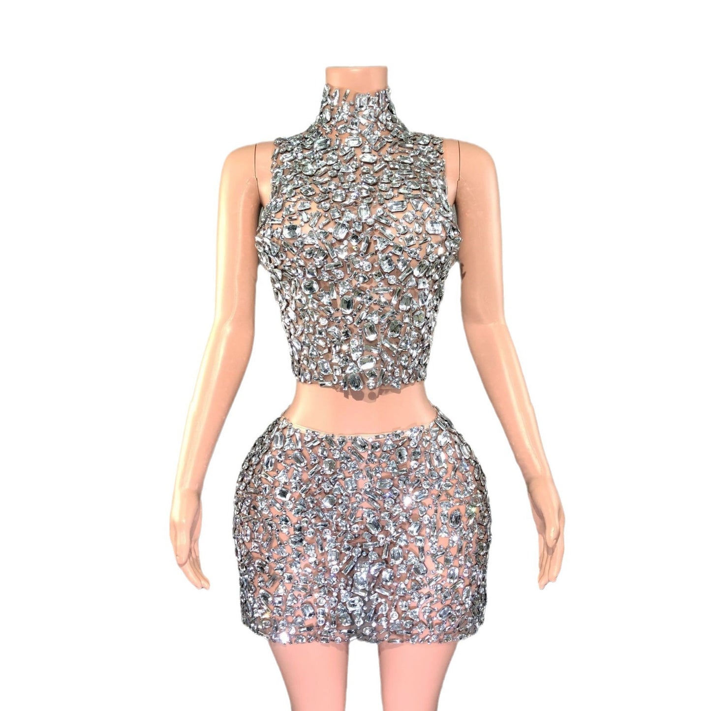 Catwalk Banquet Two-piece Set Full Diamond Luxury Rhinestone Waist Slimming Sheath Short Gowns