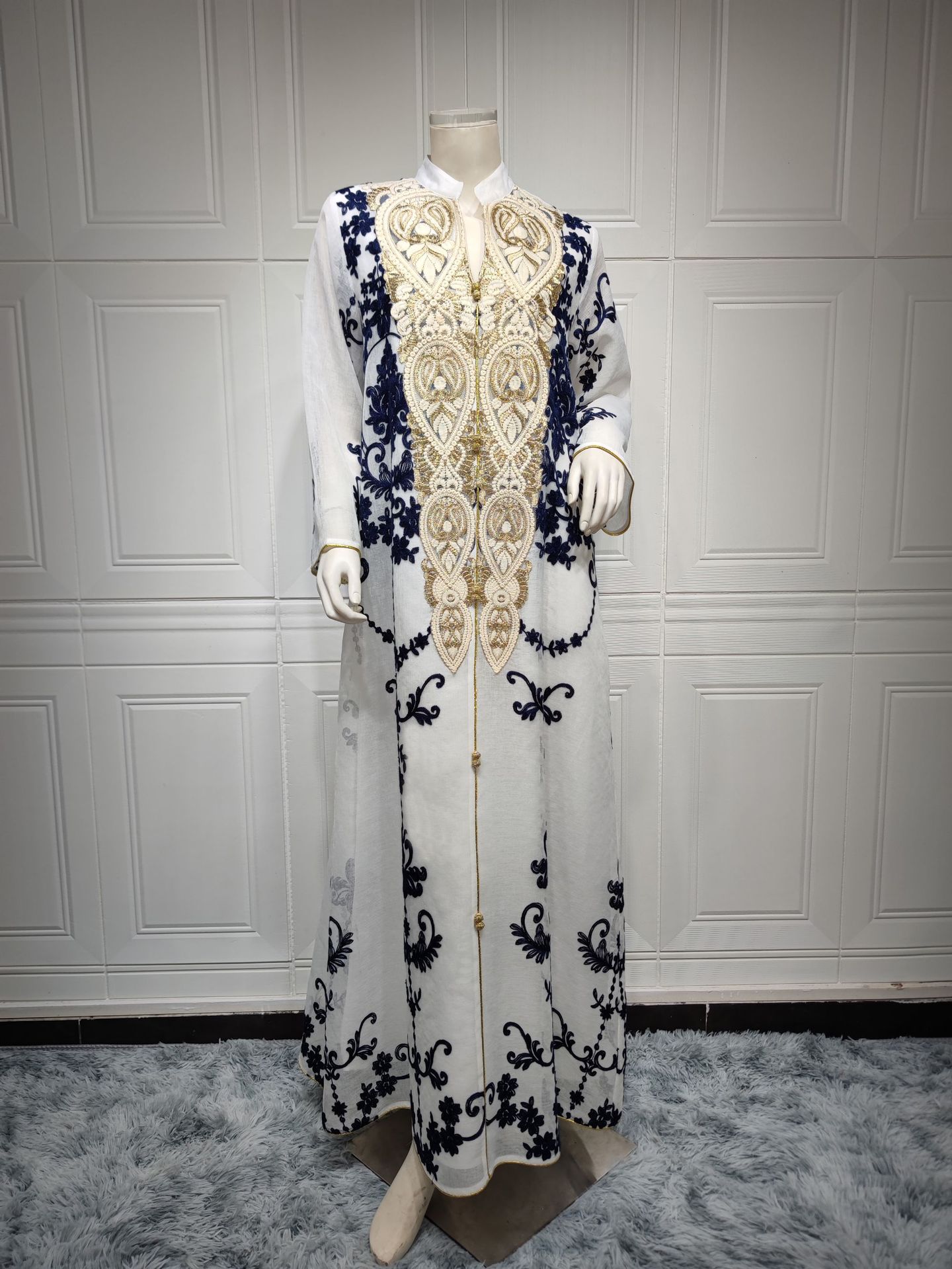 Arabian Women's Casual Embroidered Dress in White, Blue & Apricot