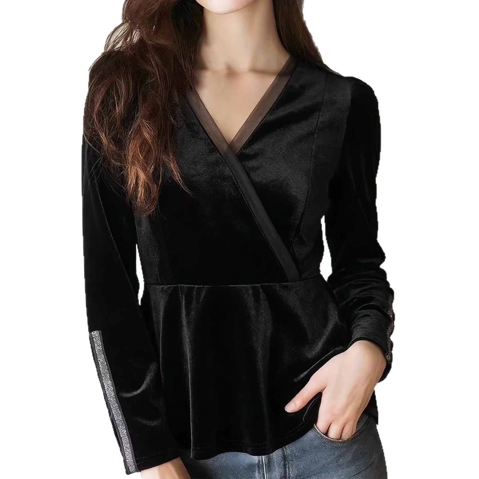 Haut en velours noir à col en V, taille cintrée et manches longues pour femme