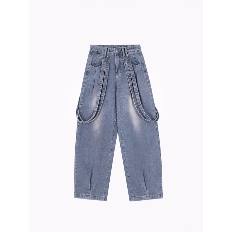 Pantalon en jean délavé décontracté avec motif ruban rétro