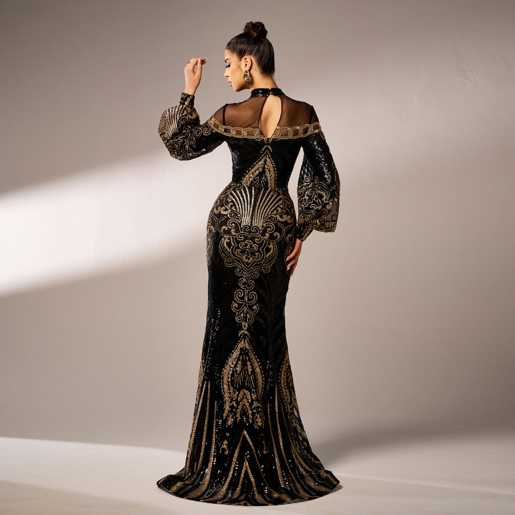 Robe de soirée sirène longue noire à manches longues, col rond et maille à paillettes
