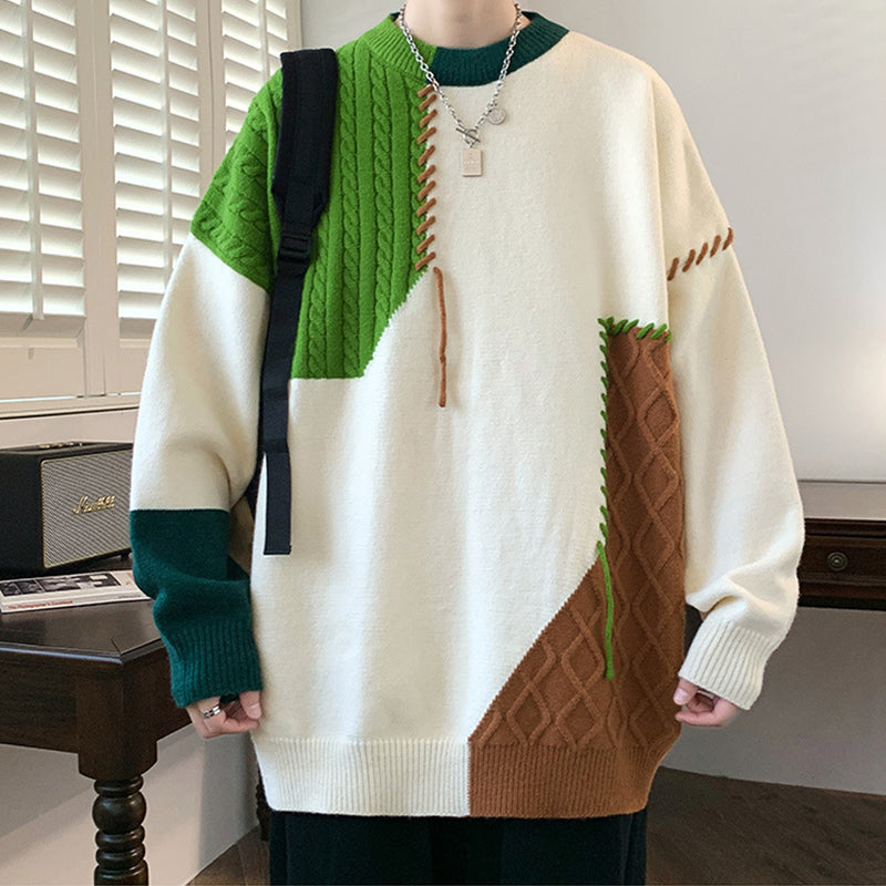 Ins Colorblock Pullover Sweater Long Sleeve Knitted Top for Men