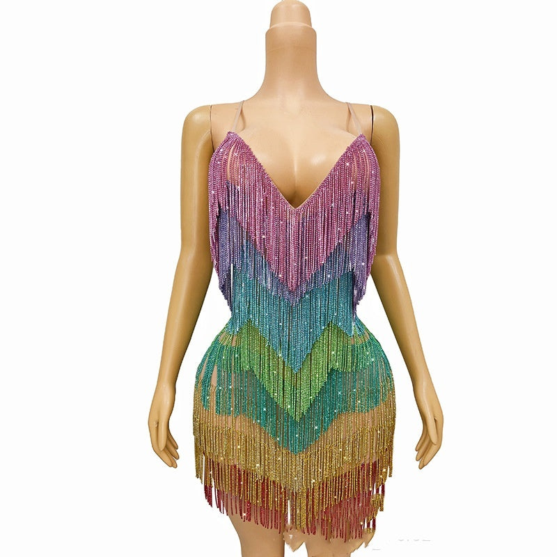 Sexy Deep V Rhinestone Tassel Bulk Evening Gown