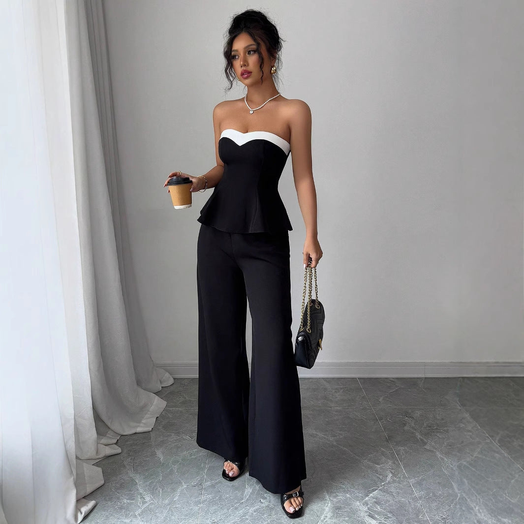 Elegant Stitching Off-the-shoulder Vest Wide-leg Trousers Set For Women