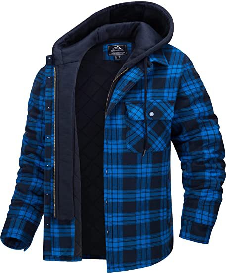 Men's Plaid Hooded Winter Coat Thick Padded Button Zip-Up Jacket Casual Outerwear