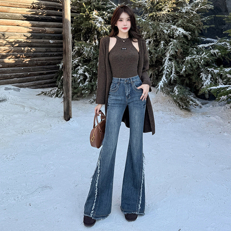 Fringed High Waist Skinny Jeans for Women Spring Retro Denim