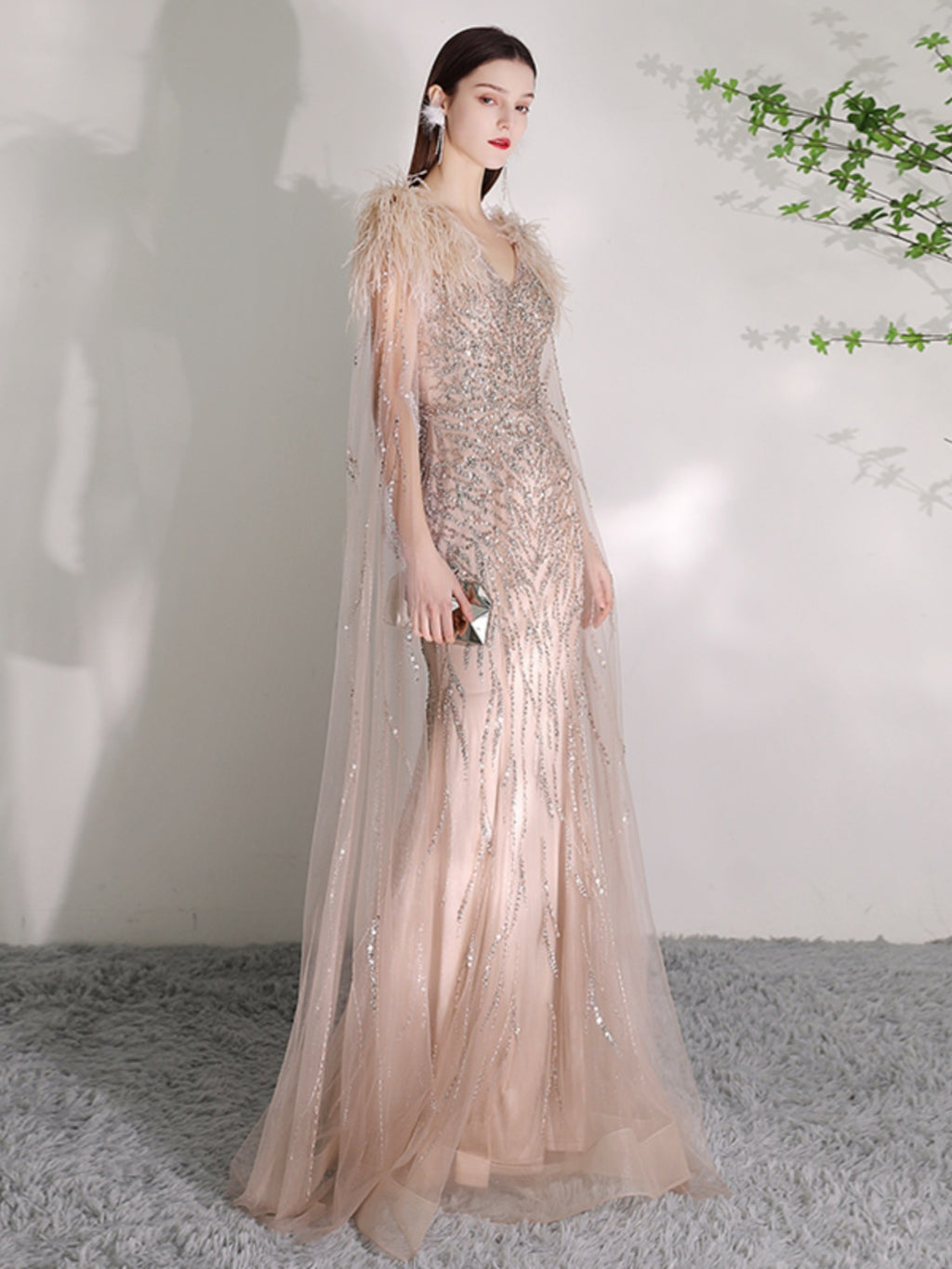 Summer Champagne Organza Deep V-Neck Dress with Zipper, XS-2XL