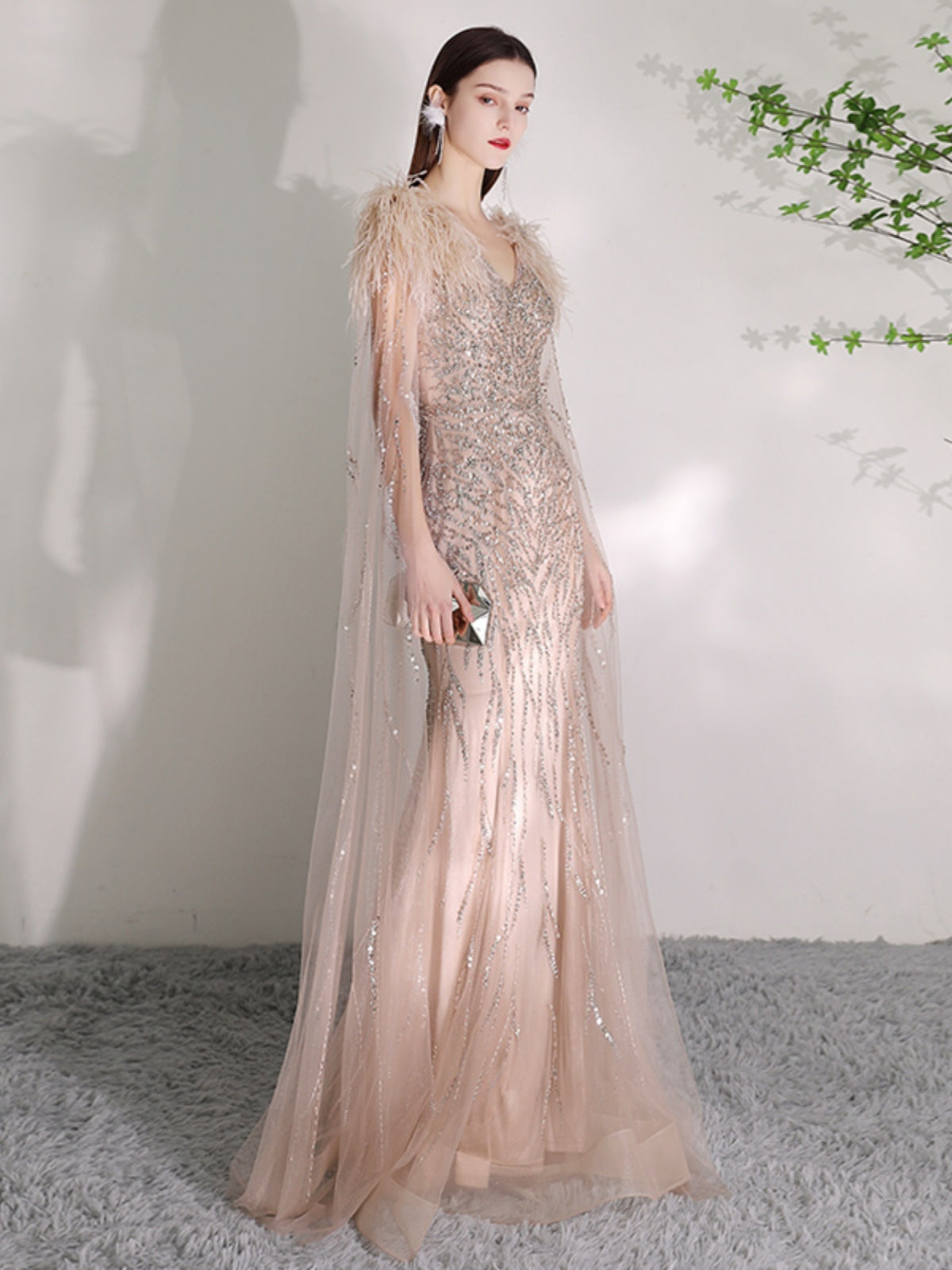 Summer Champagne Organza Deep V-Neck Dress with Zipper, XS-2XL