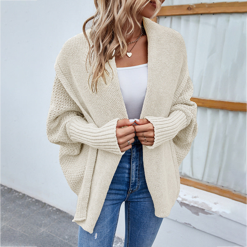 Loose Knit Solid Color Bat Sleeve Large Lapel Cardigan Sweater for Women Autumn Winter Jacket