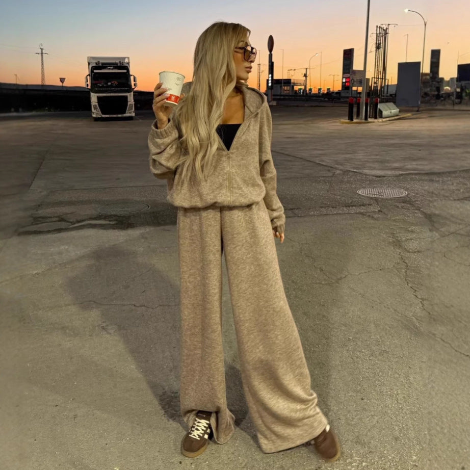 Ensemble deux pièces de pantalon élastique zippé pour femme