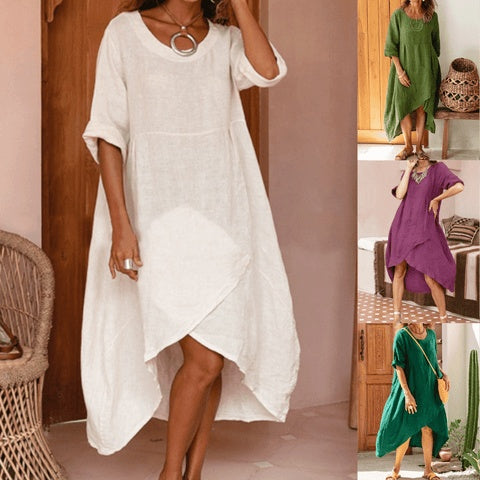 Women’s Green Cotton Linen Maxi Dress Summer Loose Casual Pocket Robe