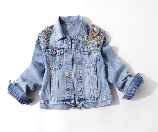 Heavy Industry Beaded Flowers Long-sleeved Denim Jacket