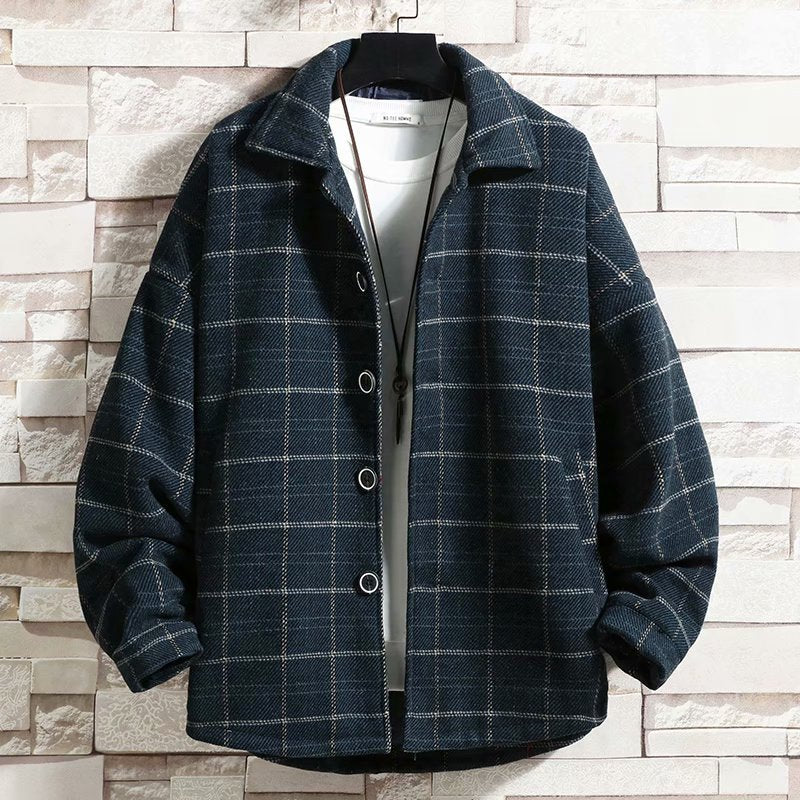 Men's Woolen Plaid Trench Coat Single Breasted Lapel Collar