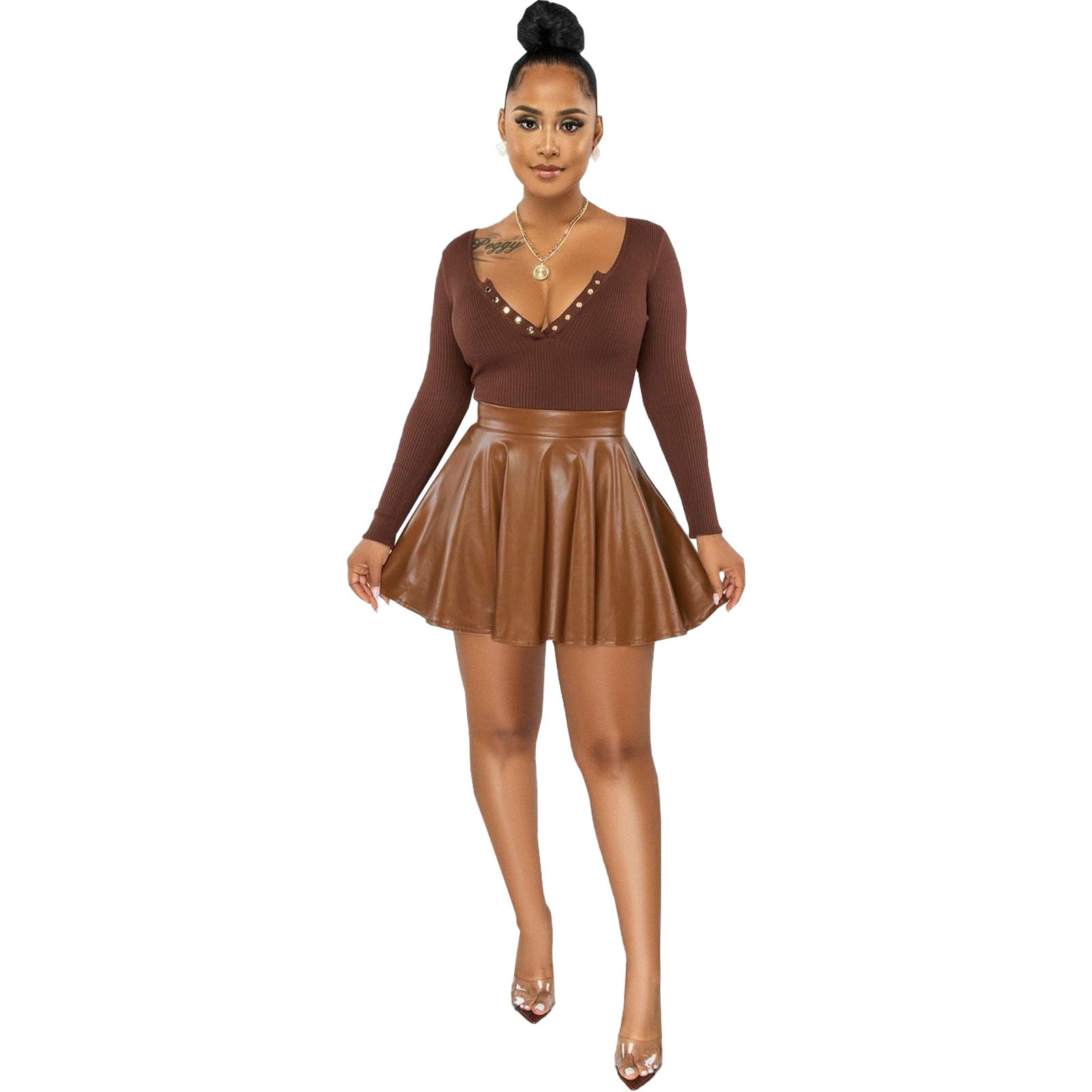 Jupe plissée sexy pour femme en similicuir PU de couleur unie