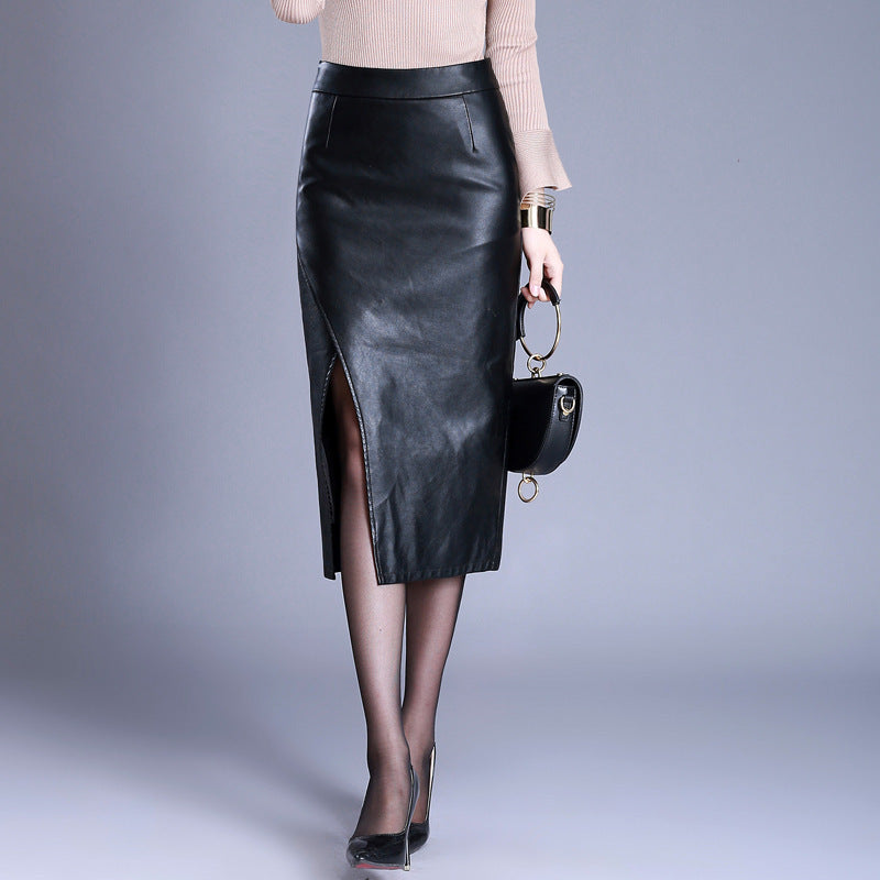 Korean PU Leather Slit Straight Wrap Skirt in Black & Leopard Print
