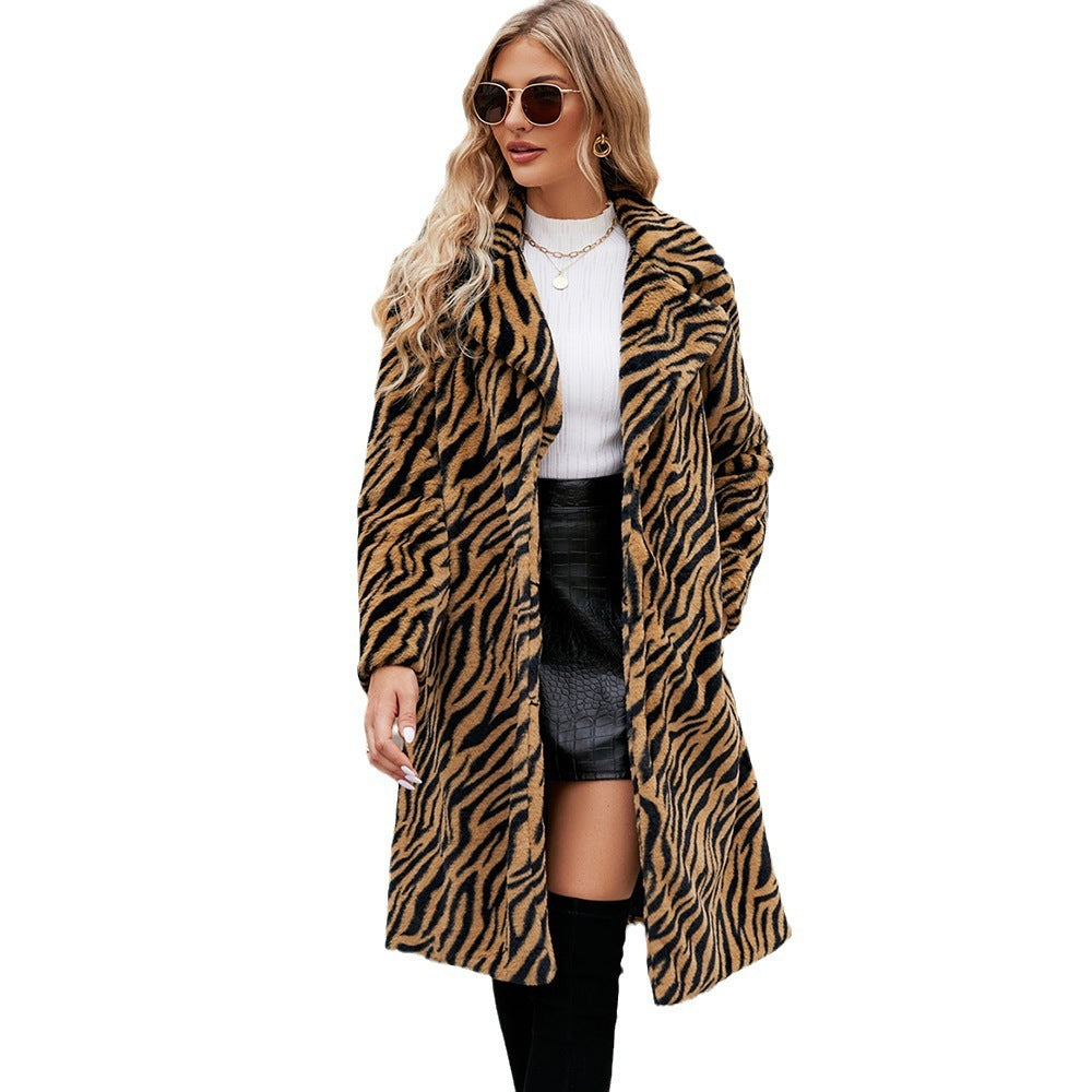 Zebra Pattern Faux Fur Long Coat Artificial Leather Collar Autumn Winter Plush Coat