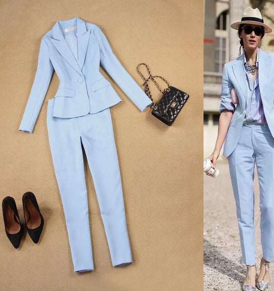 British Slim Light Blue Suit + 9 Pants Set