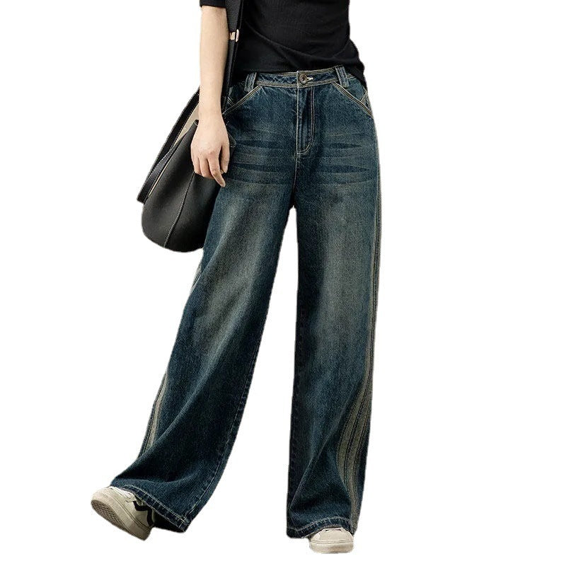 Pantalon en jean large à taille haute et coupe droite pour femmes
