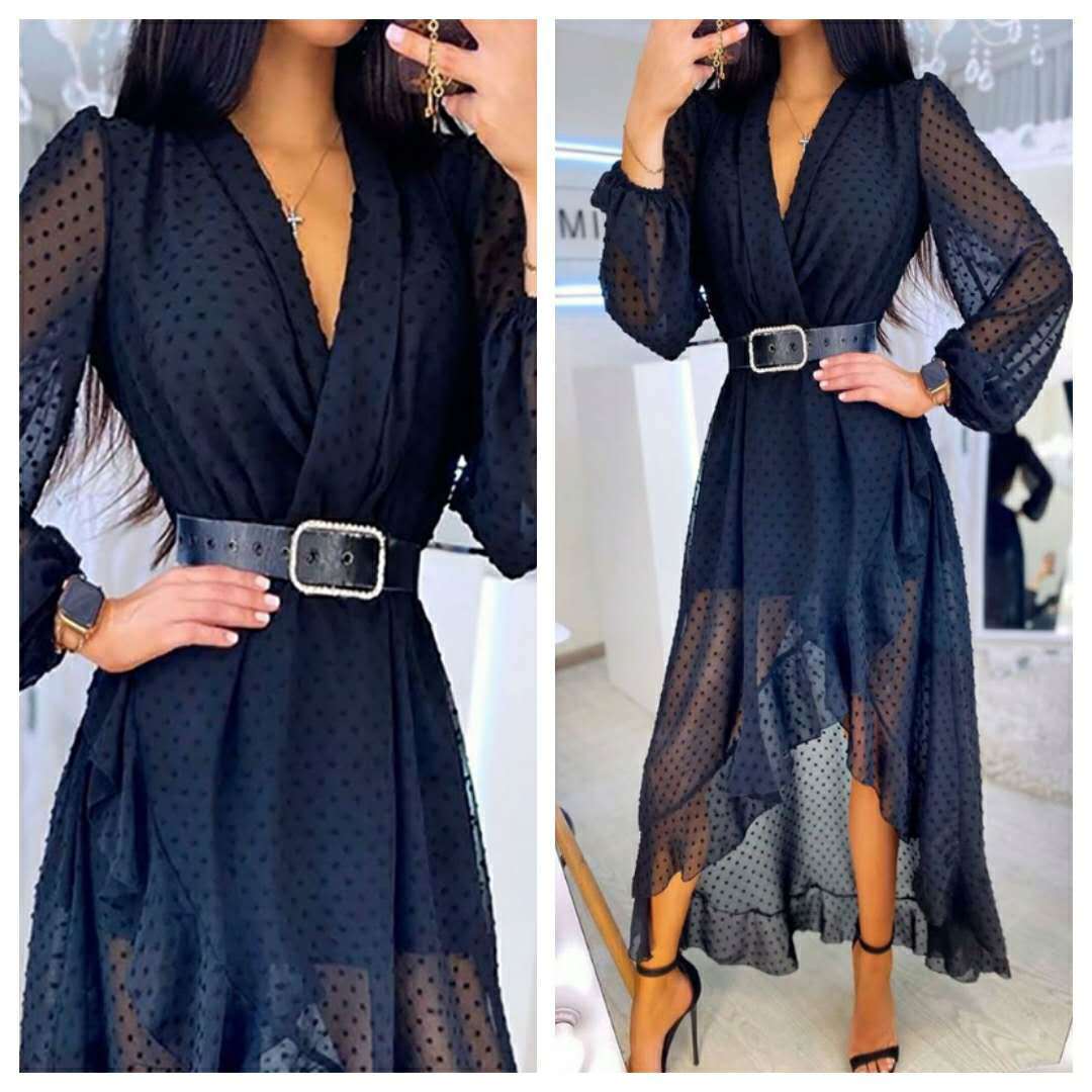 Elegant Polka Dot V-Neck Dress with Waist Detail
