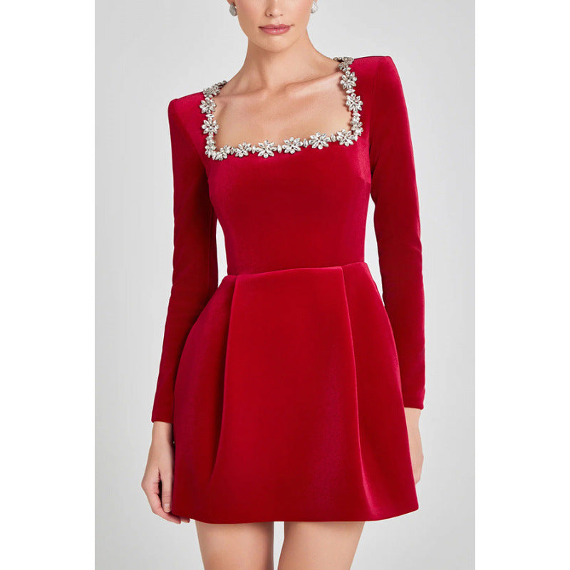 Women's Square Collar Diamond Inlaid Short Velvet Dress