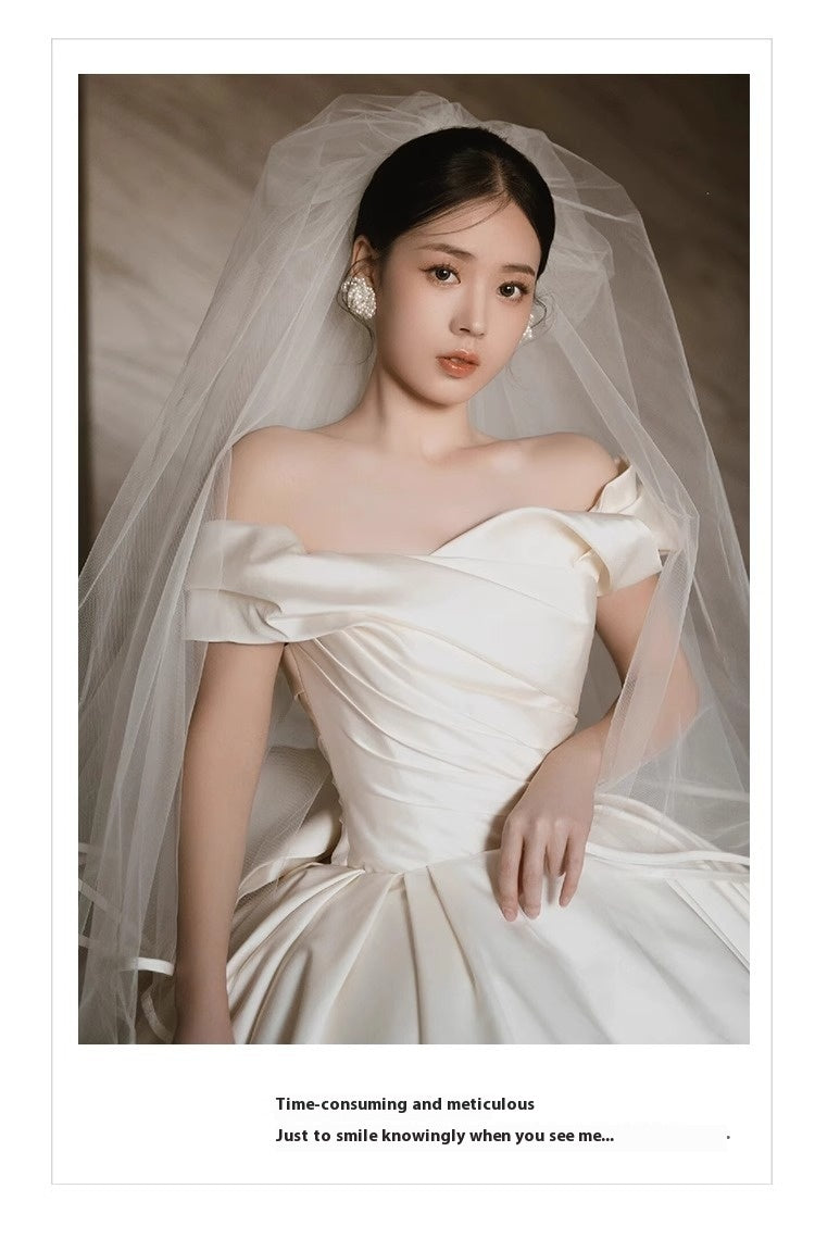 Robe de mariée en satin à épaules dénudées avec manches trois-quarts, jupe longue, tailles S-XXL