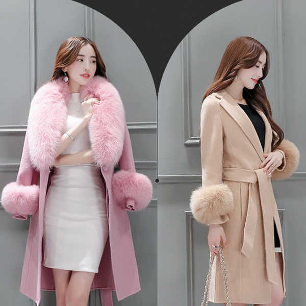 Women's Long Lace-Up Coat with Fur Collar