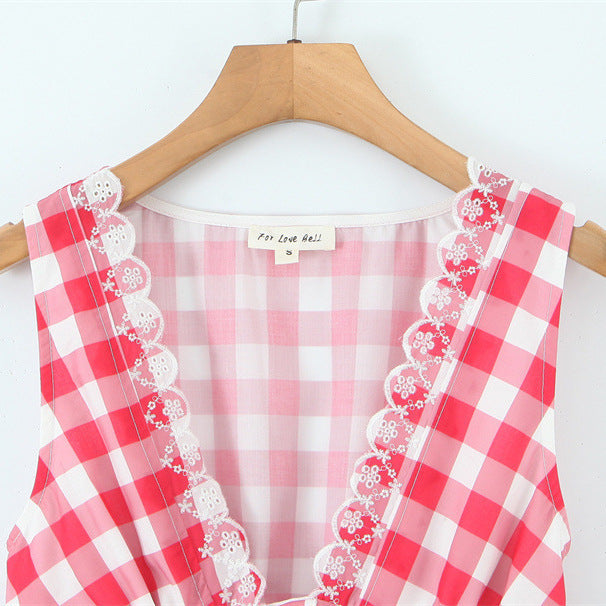 European And American Retro Sexy V-neck Plaid Dress