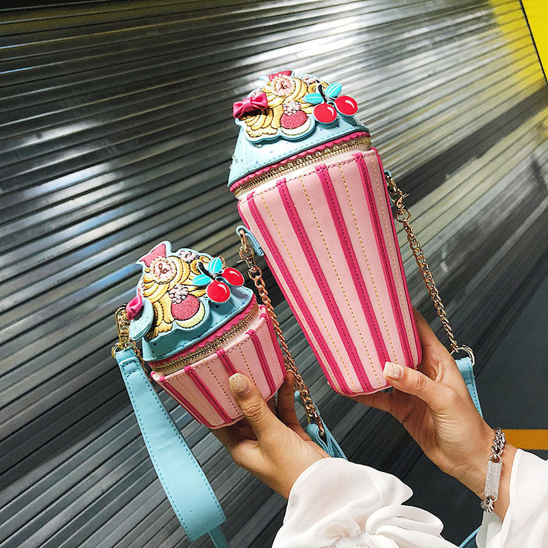 Sac bandoulière seau en polyuréthane imprimé crème glacée avec fermeture éclair