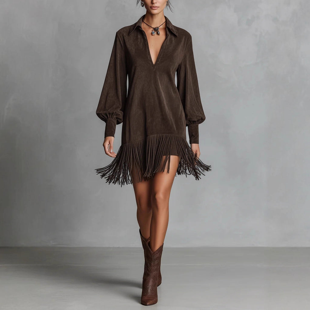 Denim Faux Suede Mid-Length V-Neck Dress with Flared Hem and Fringe