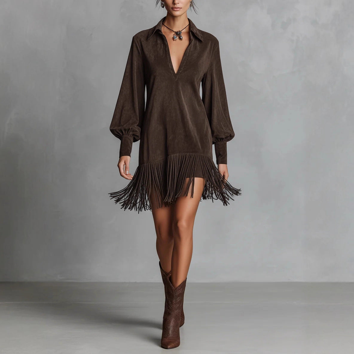 Denim Faux Suede Mid-Length V-Neck Dress with Flared Hem and Fringe