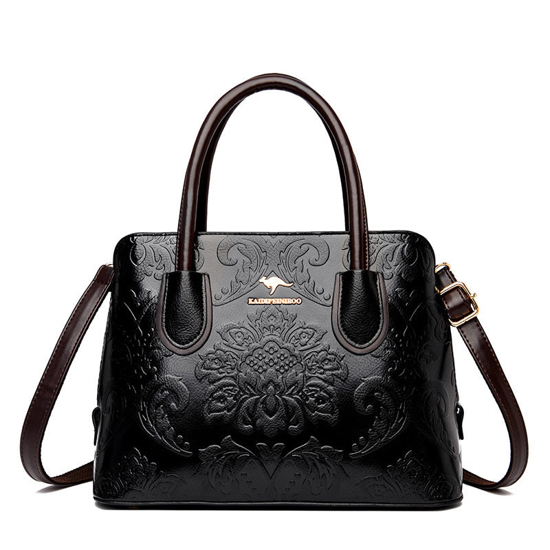 Ethnic Wind Flower Cowhide Shoulder Bag with Zipper Closure