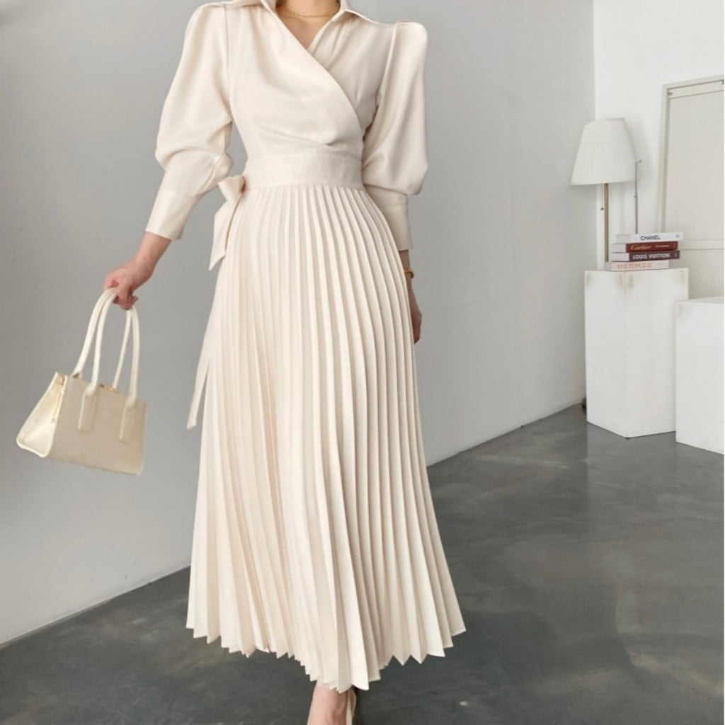 Women's Mid-Waist Pleated Dress with Belt – Apricot, Black, Skin Color, S-XL