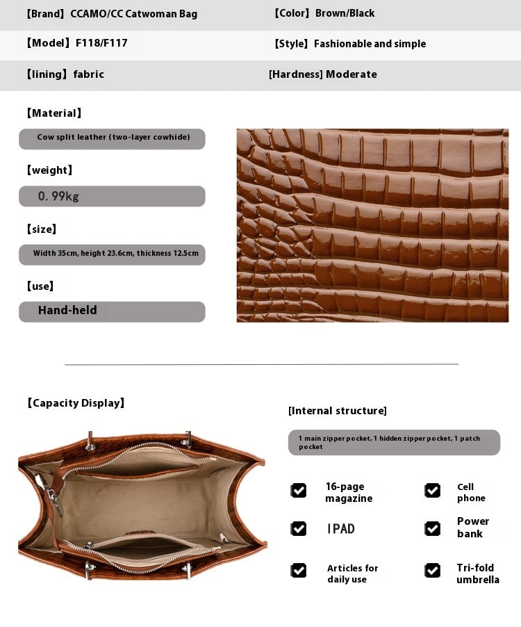 Women's Large Capacity Cowhide Handbag
