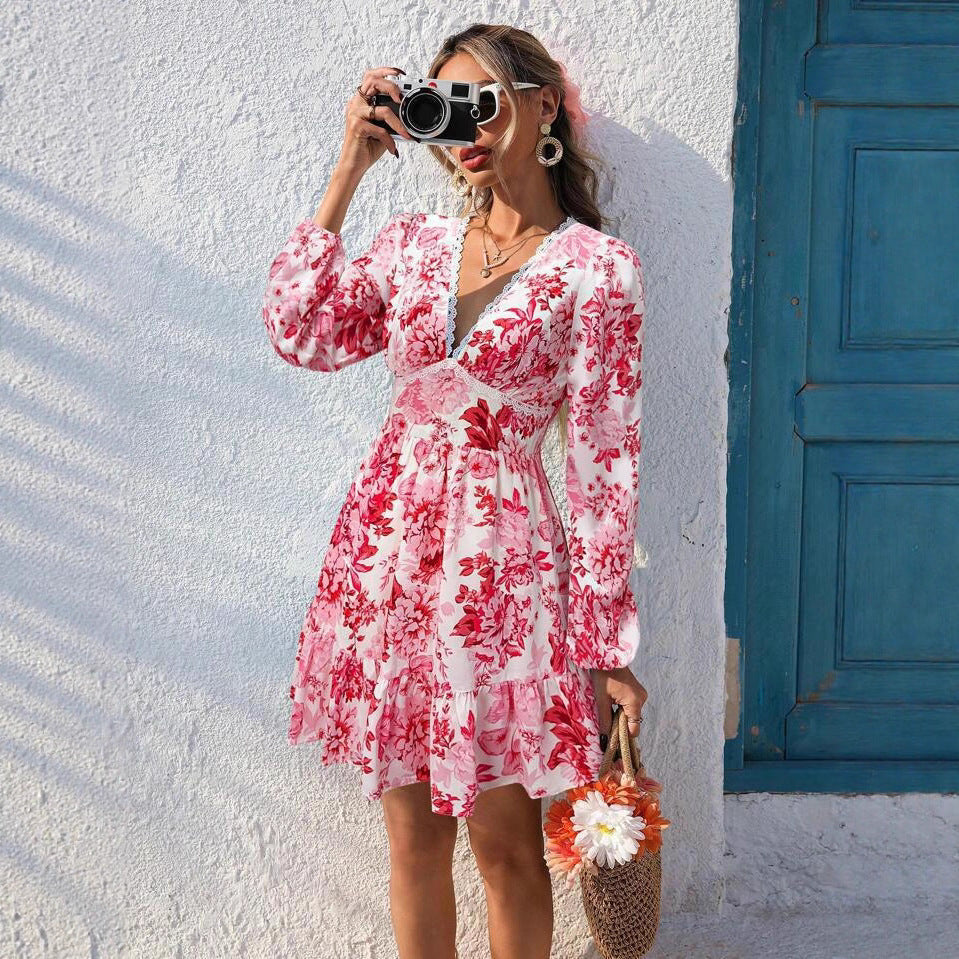 Printed Lace V-Neck Long Sleeve Vacation Dress