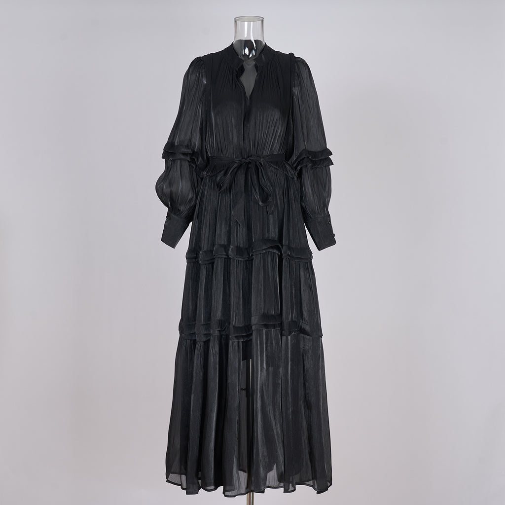 V-Neck Lantern Sleeve High Waist Pleated Long Dress