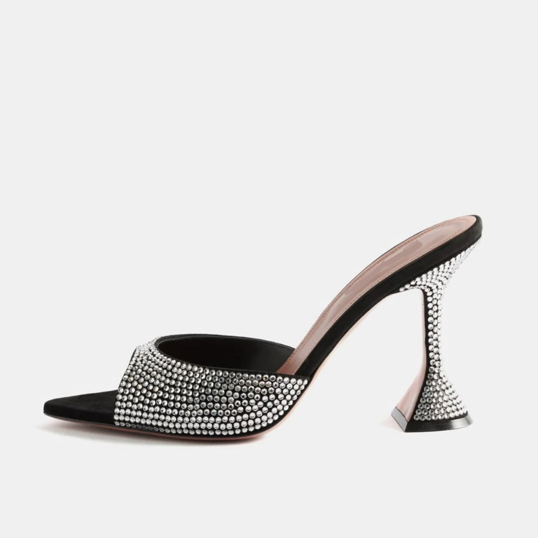 Escarpins à bout ouvert et strass en satin à talons hauts